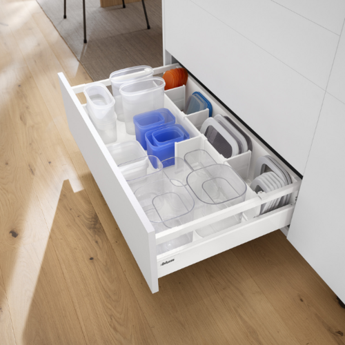 Lengteverdeling voor Blum Tandembox antaro voorraadlade, maximaal 1120 mm breed.
